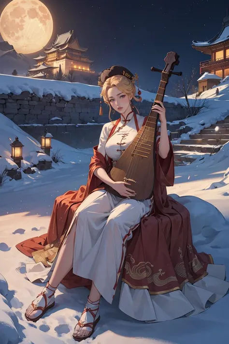 a woman sitting on a rock playing a musical instrument in the snow