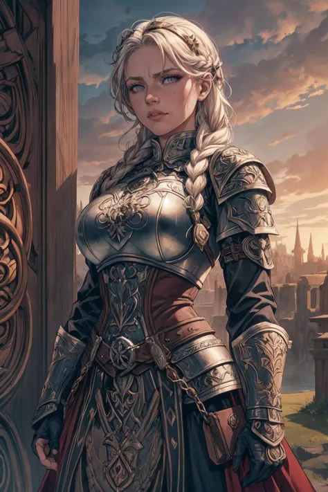 1 girl, adult russian woman,  pink eyes, platinum blonde dutch braid, 
portrait, solo, upper body, looking at viewer, detailed background, detailed face, (CeltPunkAI, tribal  celtic theme:1.1), protector, keeping watch,  shield, chainmail armor, leather gauntlets, heraldry,  city gate in background,  wind blowing, sunrise, medieval atmosphere,