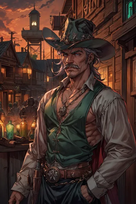 (1man, masculine adult irish male:1.2),  pink eyes, silver hair, fade with mustache, 
  looking away, focus on character, solo, upper body, detailed face, (AbsinthePunkAI theme:1.1), sheriff,  pocket-watch,  poncho, native american necklace, dynamic movement, gritty expression, 18th century wild west,  wild west era town with saloon in background, cacti, dusk, epic atmosphere, dust,