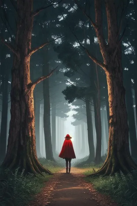 a person in a red cloak is walking through the woods