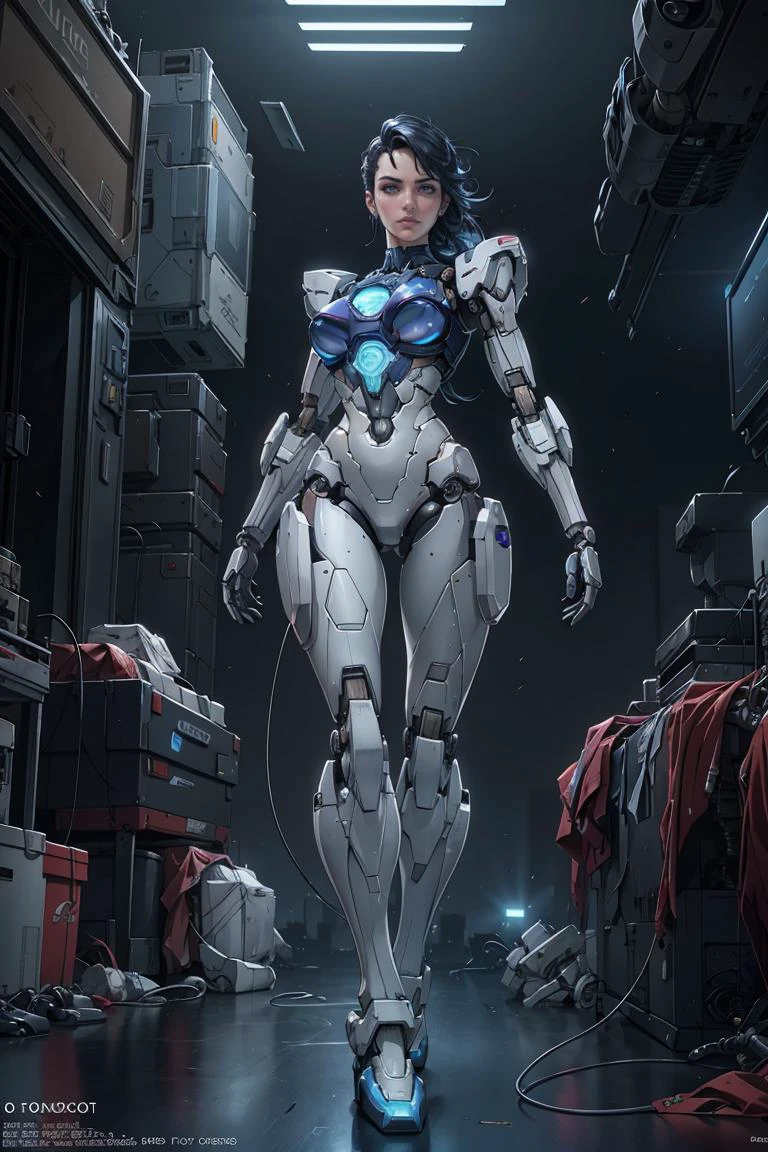 복잡한 3d 렌더링은 아름다운 프로필 여성의 매우 상세한 렌더링,인간의 얼굴,그녀의 몸은 로봇이다,전신,섹시한 서 있는 포즈,뷰어 좀 봐,그녀는 빛나는 파란색 LED 부품을 가지고 있어요,사이보그,로봇 부품,로봇 팔,기계 다리,림 라이트,생동감 넘치는 디테일,(고급스러운 사이버펑크 배경:1.1),hyper현실적인,해부학적인,케이블 전선,마이크로칩,옥탄 렌더,걸작,현실적인,사진_현실적인,세세하게,공식 예술,