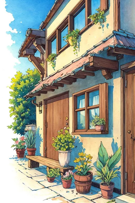 no humans, plant, window, potted plant, house, door, scenery, outdoors, traditional media, flower pot, building, pillow, (illust...