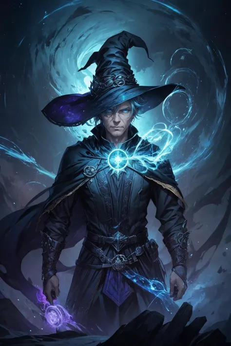 (1man,  old  male:1.2), wise,  blue eyes, yellow hair, low-fade, 
(style-swirlmagic:0.8),  looking down, solo, half shot, detailed background, ((DarkFantasy:0.8), dark fantasy theme:1.1), light smile, witch hat, witch, magical atmosphere, hair flowing in the wind, purple trimmed light colored clothes, dynamic pose, colorful whirlwind of swirling  lightning in the air, swirling portal, dark magic,  floating particles, desolate battlefield background,  backlighting,