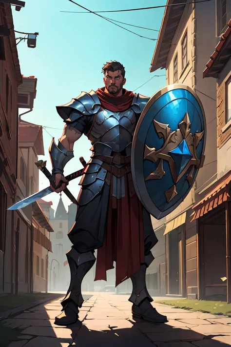 a man in armor holding a sword and shield on a street