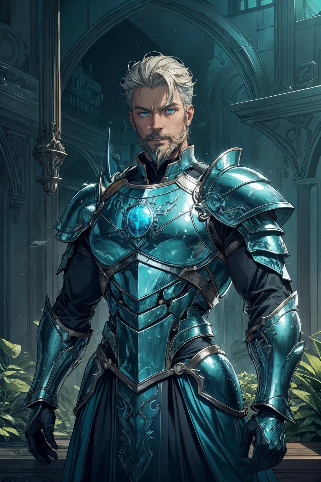 (1man, thin adult spanish male:1.2),  light blue eyes, medium blonde hair, beard, 
Style-GravityMagic, portrait, solo, half shot, looking up, detailed background, detailed face, (glasstech, glass theme:1.1)  verdant-warrior, wooden armor, blending of plants with metal, plated armor,  antlers, green magical lights, dynamic pose, peaceful, nature powers,  glowing green druidic inscriptions etched in armor,  plant overgrowth, building left to crumble in background, spring, birds, wind blowing, atmospheric lighting, magical atmosphere,
