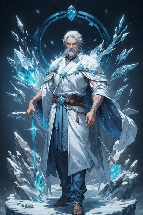 (1man, wrinkled face, old portuguese male:1.2), frail,  teal eyes, graying hair, long mustache, 
Style-GravityMagic, portrait, solo, (full body:0.6), looking down, detailed background, detailed face, (imperial chinese theme:1.1), glowing eyes, ice wizard, blue color scheme, wearing  white wizard robes,  icy circlet, belt,  magical jewel artifact, dynamic pose, stoic expression, realm of frost,  enveloped by frosty power, floating particles, frozen rocks, ethereal inscriptions, ice sculptures in background, wisps of cold fog emerging,  snowfall, serene atmosphere,