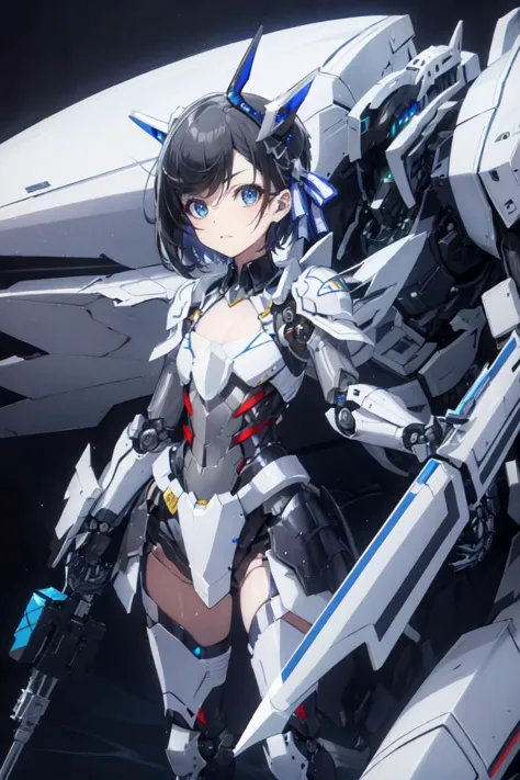 masterpiece, best quality, ultra-detailed, glistening shiny, glowing light, ray tracing, HDR, deph of field, (perfect face, detailed face), <lora:RafinhaBilford:0.8>, rafinha, short hair, flat chest, white hair ribbon, standing  <lora:A-Mecha-REN[color_theme,mecha musume, mechanical parts, robot joints,headgear,full armor]:1>, mecha musume, mechanical parts, robot joints,headgear,full armor