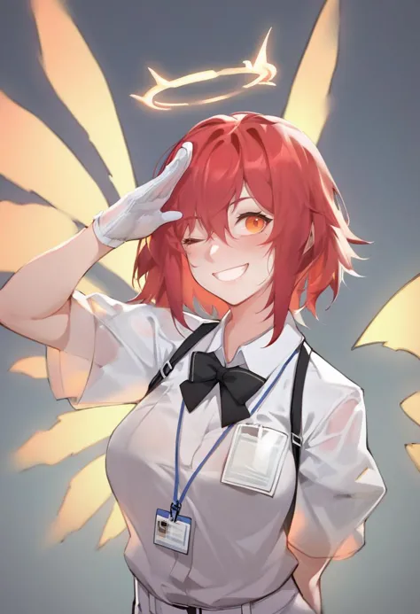 anime girl with red hair and a white shirt and black bow tie