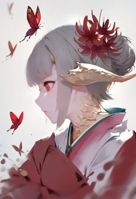 score_9, score_8_up, score_7_up, score_6_up, <lora:solaXLP6_lokr_V4236:0.95> 1girl, solo, flower, hair ornament, hair flower, au ra, horns, short hair, white background, bug, dragon horns, profile, from side, red eyes, spider lily, butterfly, red flower, simple background, japanese clothes, white horns, warrior of light \(ff14\), kimono, grey hair, closed mouth, scales, looking down, upper body, dragon girl, portrait