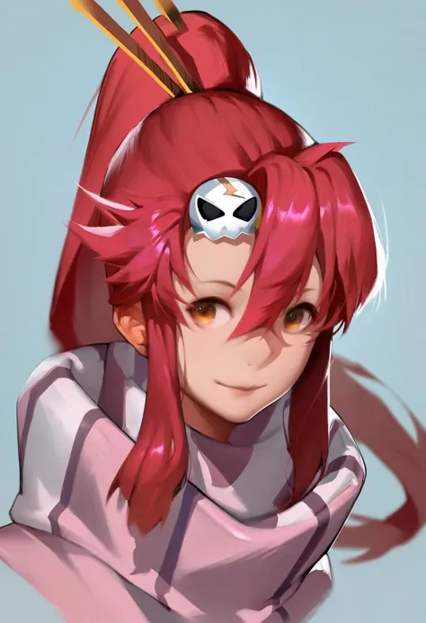 score_9, score_8_up, score_7_up, score_6_up, <lora:solaXLP6_lokr_V4236:0.95> 1girl, solo, hair ornament, yoko littner, red hair, scarf, long hair, ponytail, skull hair ornament, portrait, looking at viewer, smile, striped scarf, hair between eyes, yellow eyes, striped clothes, closed mouth, sidelocks, lips, simple background