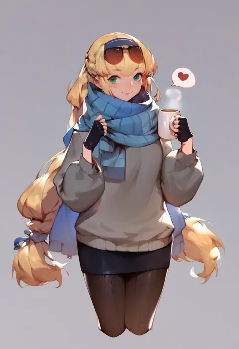 score_9, score_8_up, score_7_up, score_6_up, <lora:solaXLP6_lokr_V4236:0.95> 1girl, long hair, solo, blonde hair, scarf, cup, eyewear on head, gloves, heart, pantyhose, green eyes, fingerless gloves, spoken heart, skirt, sweater, mug, blue scarf, sunglasses, holding, smile, looking at viewer, very long hair, low-tied long hair, holding cup, alternate costume, cropped legs, black gloves, hairband, braid, black skirt, simple background, coffee mug, grey sweater, closed mouth, black pantyhose, grey background, long sleeves