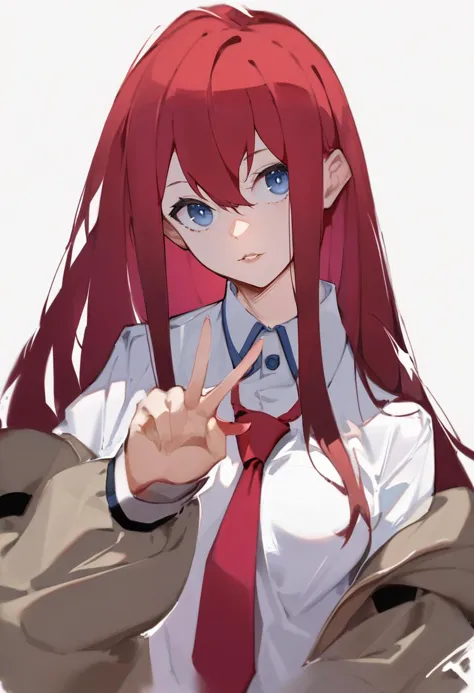 anime girl with red hair and blue eyes showing peace sign