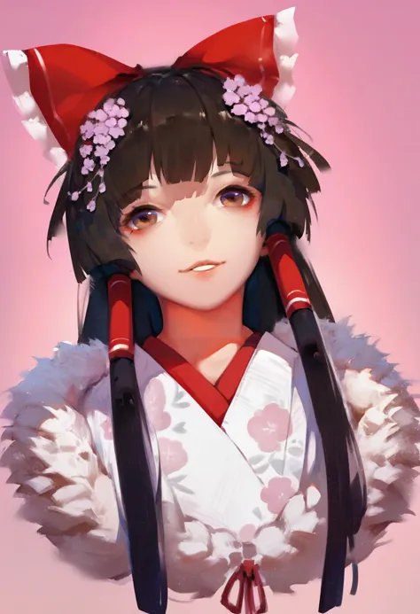 score_9, score_8_up, score_7_up, score_6_up, <lora:solaXLP6_lokr_V4236:0.95> 1girl, solo, hakurei reimu, hair tubes, bow, hair bow, red bow, japanese clothes, pink background, looking at viewer, brown eyes, hair ornament, long hair, black hair, simple background, flower, kimono, upper body, portrait, hair flower, smile, fur trim, sidelocks, alternate costume, light smile, parted lips, blunt bangs, brown hair, frills, lips, white kimono, ribbon