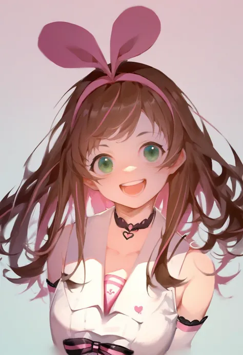 score_9, score_8_up, score_7_up, score_6_up, <lora:solaXLP6_lokr_V4236:0.95> 1girl, kizuna ai, virtual youtuber, solo, long hair, brown hair, pink hairband, smile, looking at viewer, hairband, open mouth, sailor collar, green eyes, upper body, multicolored hair, bow, streaked hair, shirt, :d, detached sleeves, pink hair, white sailor collar, sleeveless, sleeveless shirt, hair bow, white shirt, teeth, gradient background, straight-on