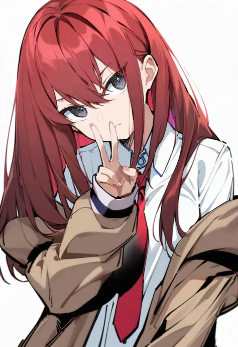 masterpiece, best quality, <lora:solaXLANI31_lokr_V4304:0.95> 1girl, solo, necktie, long hair, makise kurisu, red necktie, shirt, white background, white shirt, simple background, red hair, upper body, jacket, collared shirt, parted lips, long sleeves, off shoulder, brown jacket, hair between eyes, looking at viewer, hand up, open clothes, grey eyes, v, blue eyes, straight hair, head tilt, open jacket