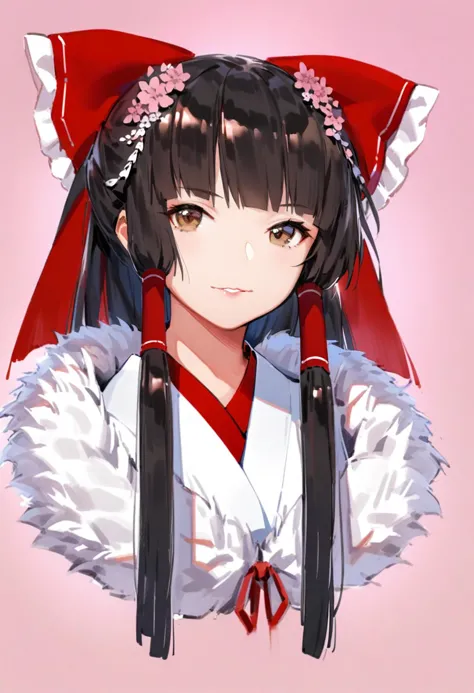 masterpiece, best quality, <lora:solaXLANI31_lokr_V4304:0.95> 1girl, solo, hakurei reimu, hair tubes, bow, hair bow, red bow, japanese clothes, pink background, looking at viewer, brown eyes, hair ornament, long hair, black hair, simple background, flower, kimono, upper body, portrait, hair flower, smile, fur trim, sidelocks, alternate costume, light smile, parted lips, blunt bangs, brown hair, frills, lips, white kimono, ribbon