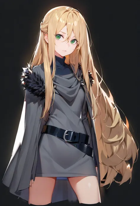 masterpiece, best quality, <lora:solaXLANI31_lokr_V4304:0.95> 1girl, solo, long hair, blonde hair, belt, dress, green eyes, fur trim, cropped legs, cape, hair between eyes, looking at viewer, black background, cowboy shot, grey dress, standing, cloak, simple background, turtleneck, short dress, arms at sides, long sleeves, closed mouth, white background, very long hair, parted lips, fur-trimmed cape