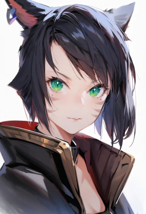 anime girl with green eyes and black hair with cat ears