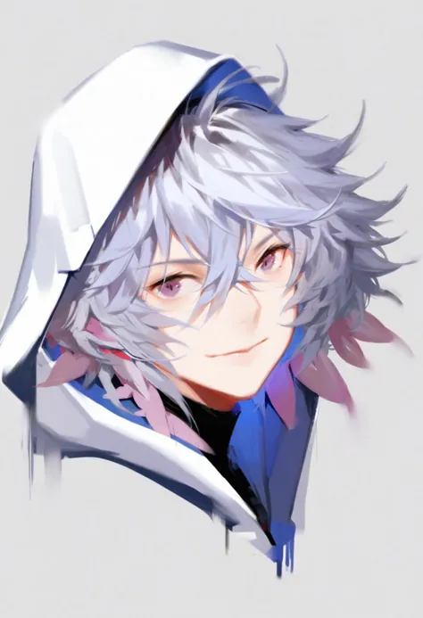 anime boy with white hair and blue hoodie