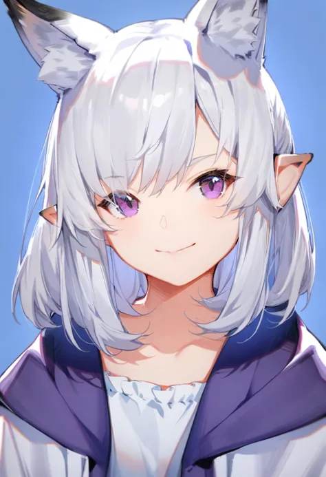 masterpiece, best quality, <lora:solaXLANI31_lokr_V4304:0.95> 1girl, solo, animal ears, pointy ears, purple eyes, smile, blue background, looking at viewer, simple background, extra ears, medium hair, closed mouth, upper body, white hair, animal ear fluff, portrait, jacket, fox ears, cat ears, hood