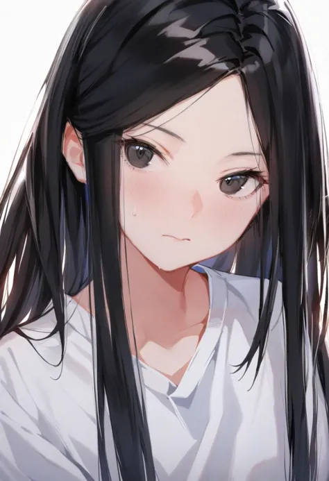 anime girl with long black hair and white shirt looking at camera