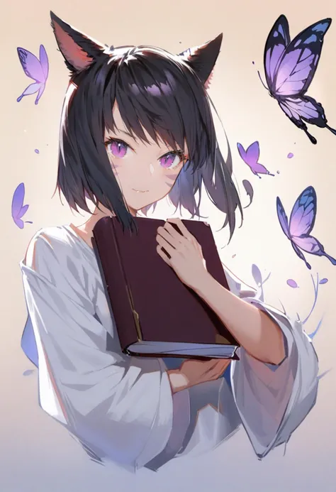 anime girl with cat ears holding a book with butterflies around her