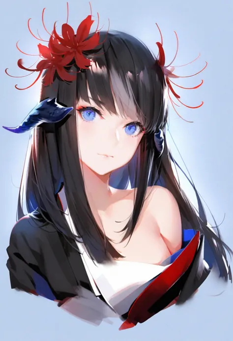 anime girl with blue eyes and a red flower in her hair