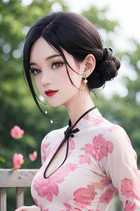 a woman with a pink dress and a black necklace and earrings on her neck and a red lip and a black tie,<lora:cheongsam_lbc:0.4>,((breeze)), flying splashes, flying petals, wind,