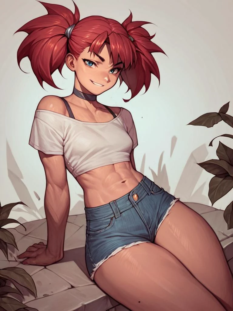score_9, score_8_up, score_7_up, score_6_up, score_5_up, score_4_up, source_anime, 1girl, mizarisa, denim shorts, thick thighs, red hair, twintails, small breasts, crop top,  choker, smirk, looking at viewer,  
