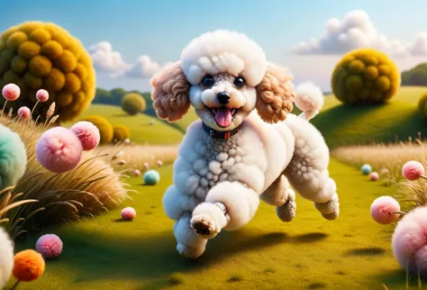 arafed poodle running through a field of flowers with a sky background