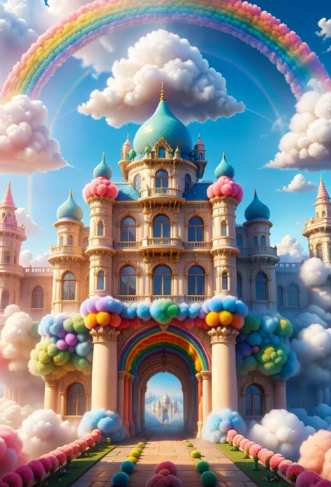 a castle with a rainbow in the sky and clouds