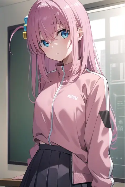 hitorigotou, hitori gotou, blue eyes, cube hair ornament, hair between eyes, hair ornament, pink hair, one side up, long hair,
BREAK black skirt, jacket, long sleeves, pants, pants under skirt, (pink jacket:1.5), pink pants, pleated skirt, skirt, track jacket, track pants, track suit,
BREAK looking at viewer,
BREAK indoors, classroom,
BREAK (masterpiece:1.2), best quality, high resolution, unity 8k wallpaper, (illustration:0.8), (beautiful detailed eyes:1.6), extremely detailed face, perfect lighting, extremely detailed CG, (perfect hands, perfect anatomy),