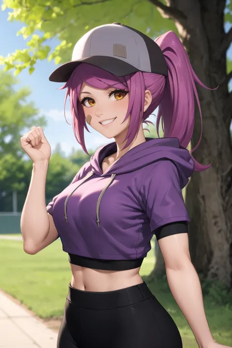 (best quality), outdoors, park, tree, grass, 1girl, solo, LeahAirisubaka, bandaid on cheek, short hair, ponytail, large breasts, <lora:LeahAirisubaka_V2-Manityro-dadapt:1>, toned, smile, blush, looking at viewer, baseball cap, hoodie, crop top, midriff, sleeves rolled up, short sleeves, yoga pants, upper body,