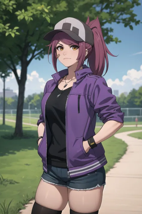 a woman in a purple jacket and black shorts standing on a sidewalk