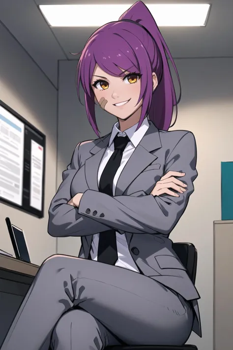 (best quality), indoors, office, 1girl, solo, LeahAirisubaka, bandaid on cheek, short hair, ponytail, large breasts, <lora:LeahAirisubaka_V2-Manityro-dadapt:1>, toned, smile, looking at viewer, business suit, formal, grey jacket, white shirt, suit, suit pants, black necktie, crossed arms, crossed legs, on desk, sitting