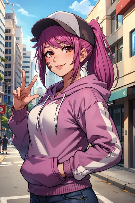 a woman in a purple hoodie and cap standing on a street