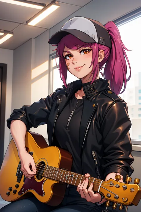 masterpiece, best quality, leahairisubaka, ponytail, baseball cap, toned, city street, looking at viewer, smile, leather jacket,...