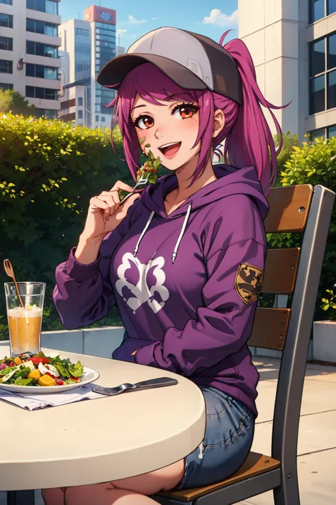 masterpiece, best quality, leahairisubaka, ponytail, baseball cap, toned, city street, looking at viewer, smile, purple hoodie, ...