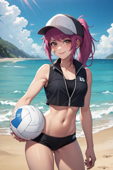 anime girl with pink hair and a baseball cap holding a volleyball ball