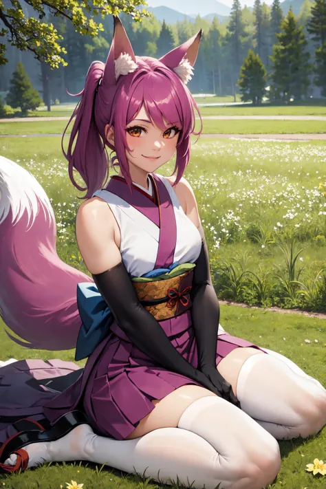 anime girl with pink hair sitting on grass in front of a tree