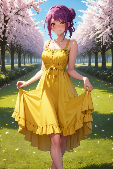 (masterpiece, best quality), outdoors, spring, spring field, 1girl, solo, LeahAirisubaka, braid, hair bun, purple hair, <lora:LeahAirisubaka_V1-Manityro-Dadapt:1>, toned, blush, embarrassed, looking at viewer, yellow dress, sleeveless dress, high heels, skirt hold, collarbone,