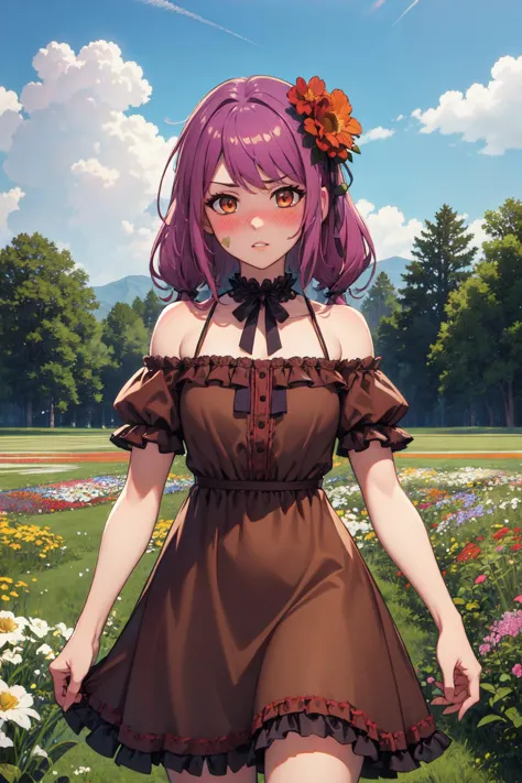 a woman in a brown dress standing in a field of flowers