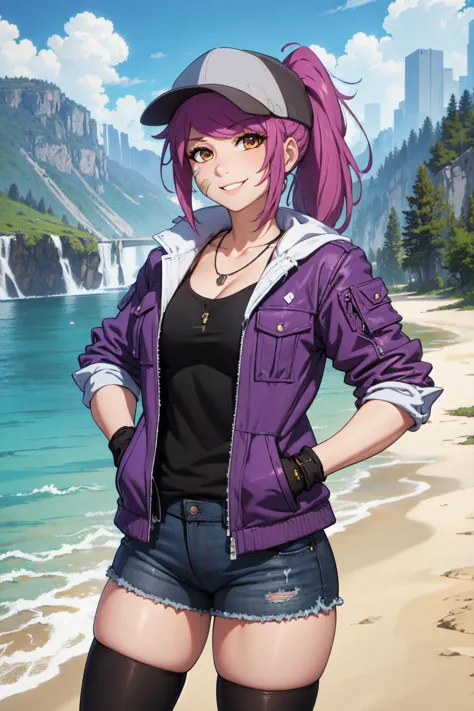 a woman in a purple jacket and shorts standing on a beach