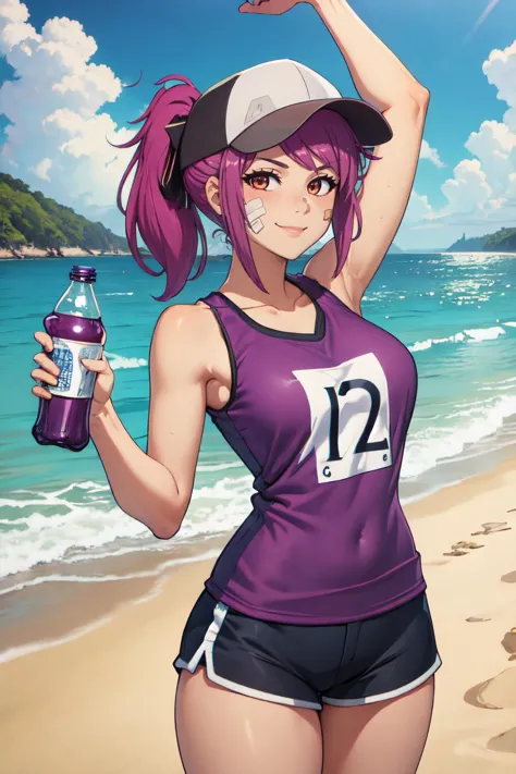 a woman in a purple shirt and shorts holding a water bottle