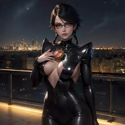 (best quality,highres,masterpiece),solo focus,bayonetta_2_shorthair_aiwaifu,black hair, looking at viewer, earrings, glasses, mole, twin braids, streaked hair, clothing cutout, bodysuit, makeup, lipstick, mole under mouth, eyeshadow,(standing, outdoors, mo...