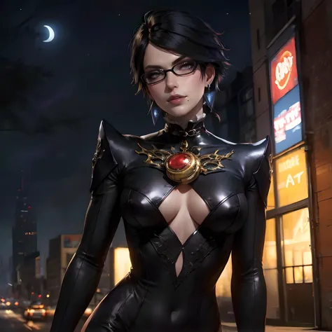 (best quality,highres,masterpiece),solo focus,bayonetta_2_shorthair_aiwaifu,black hair, looking at viewer, earrings, glasses, mole, twin braids, streaked hair, clothing cutout, bodysuit, makeup, lipstick, mole under mouth, eyeshadow,(dynamic pose,outdoors,...