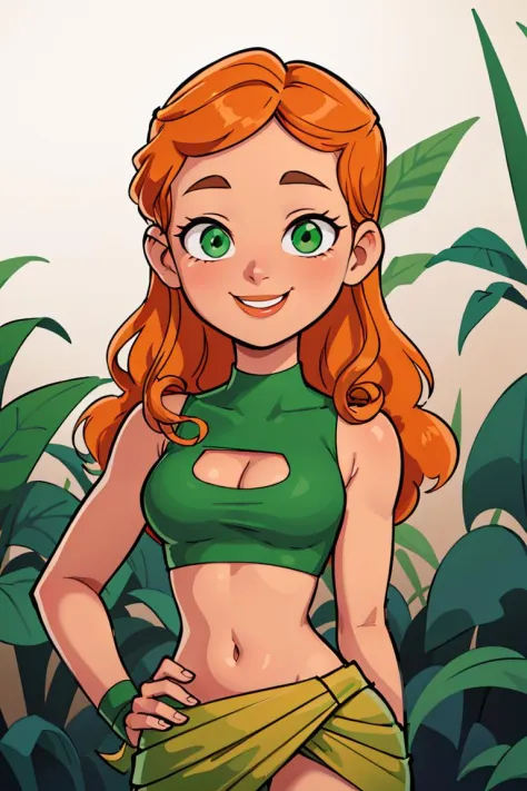 centered, professional photo, (looking at viewer:1.2), smiling, |  Izzy_Total_Drama, long hair, 1girl, solo, orange hair, green eyes, midriff,  upper body, clothing cutout, cleavage cutout, , |  jungle, | bokeh, depth of field,  contrapposto, cinematic com...