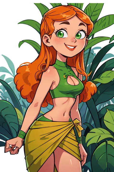 centered, professional photo, (looking at viewer:1.2), smiling, |  Izzy_Total_Drama, long hair, 1girl, solo, orange hair, green eyes, midriff,  upper body, clothing cutout, cleavage cutout, , |  jungle, | bokeh, depth of field,  contrapposto, cinematic com...