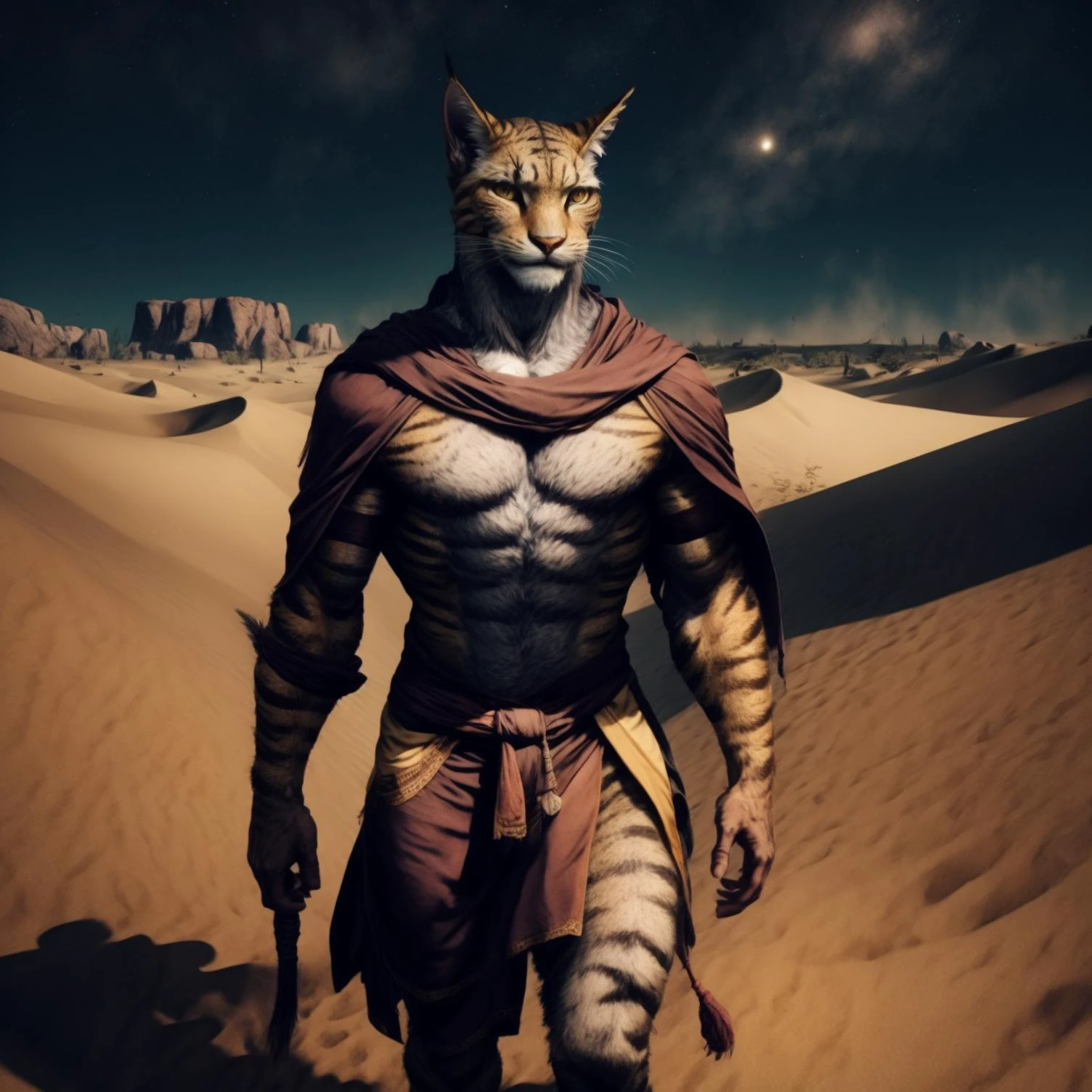 Khajiit male, in the desert at night, wearing a brown cloth loincloth, traveling across the dunes. Khajiit-Male