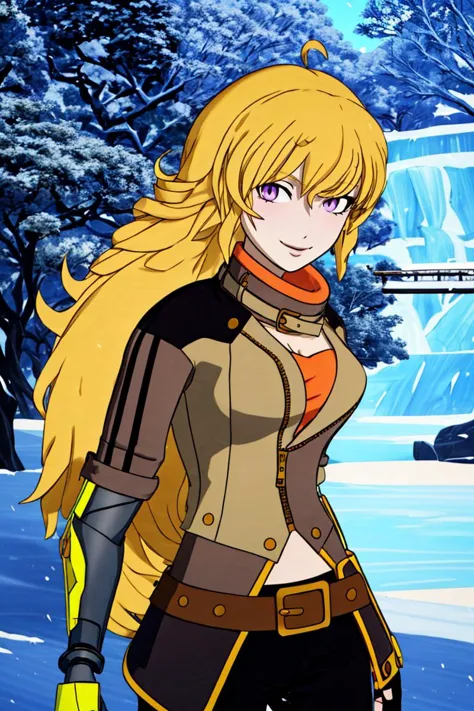 ((obra de arte,melhor qualidade)), Qual_rwby,  1 garota, Sozinho, cabelo amarelo, cabelo longo, olhos roxos, Ahoge, braço mecânico, cinto, calça, jaqueta, luvas sem dedos, Sozinho, sorridente, Olhando para o visualizador, 